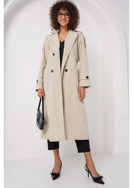 Kadın Krem Kruvaze Yaka Astarlı Kemerli Mevsimlik Trençkot HZL25W-BD159411 indirimleri