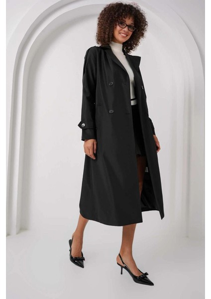 Kadın Siyah Kruvaze Yaka Astarlı Kemerli Mevsimlik Trençkot HZL25W-BD159411 fiyatları