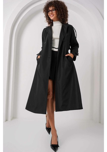 Kadın Siyah Kruvaze Yaka Astarlı Kemerli Mevsimlik Trençkot HZL25W-BD159411 modelleri