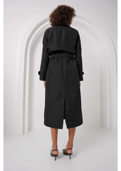 Kadın Siyah Kruvaze Yaka Astarlı Kemerli Mevsimlik Trençkot HZL25W-BD159411 indirimleri