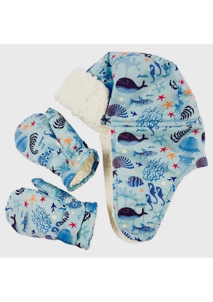Sugeçirmez Kız Çocuk Bere Eldiven Set 1-4 Yas Kayak Snowboard Mavi Deniz Canlıları