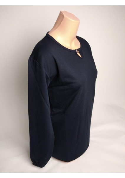 Kadın Lacivert Taşlı Bisiklet Yaka Yırtmaçlı Uzun Kollu Bilek Lastikli Iki Iplik Bluz Tişört fiyatları