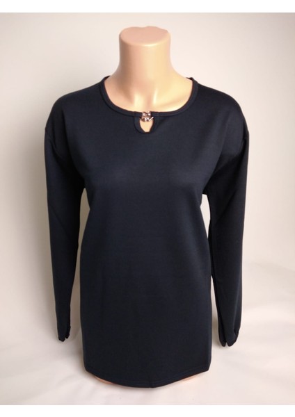 Kadın Lacivert Taşlı Bisiklet Yaka Yırtmaçlı Uzun Kollu Bilek Lastikli Iki Iplik Bluz Tişört