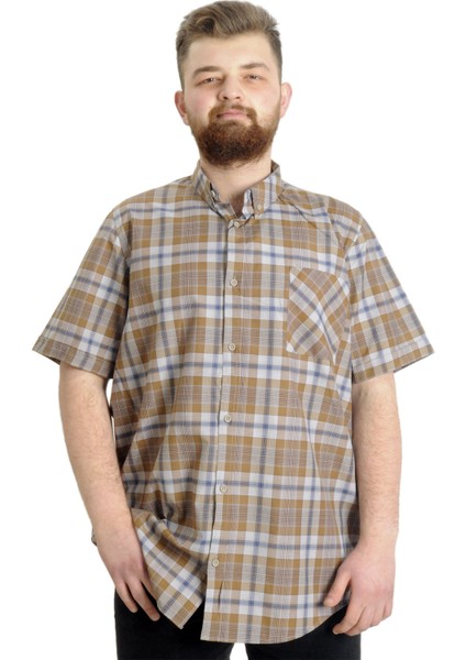 Büyük Beden Erkek Gömlek Ekose Kısa Kollu 23301 Kahverengi
