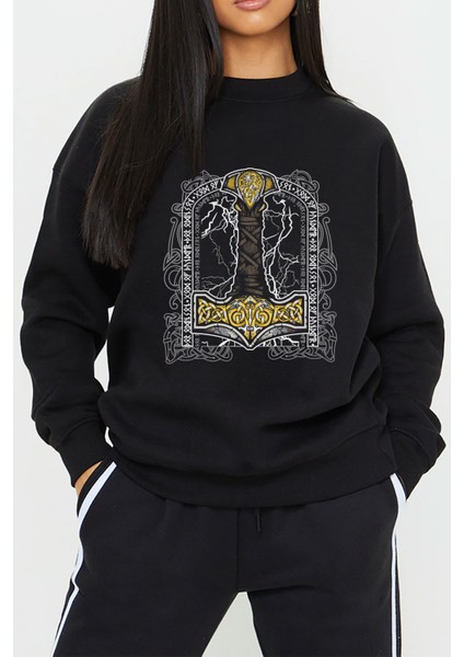 Çekiç ve Gök Gürültüsü Baskılı Siyah Kadın Erkek Pamuklu Sweatshirt CU191