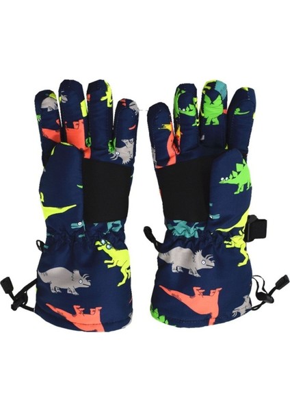 Sugeçirmez Erkek Çocuk Bere Eldiven Set 3-7 Yaş Kayak Snowboard Lacivert Üstü Renkli Dino