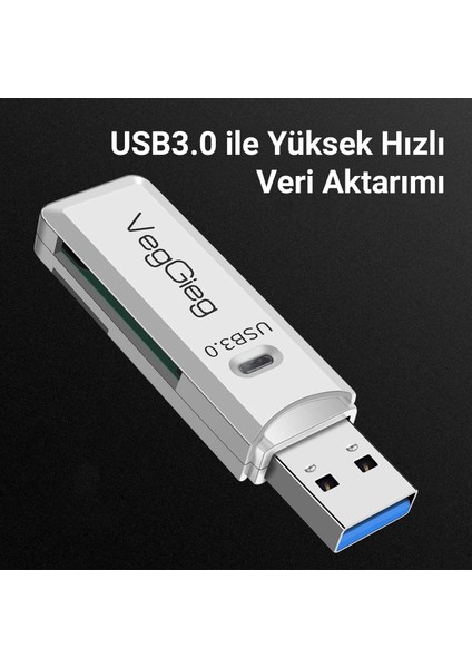 Veggieg USB 3.0 Sd ve Micro Sd Hafıza Kart Okuyucu Beyaz