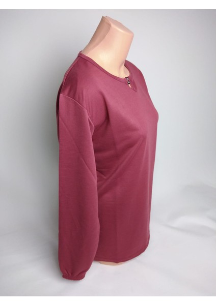 Kadın Gülkurusu Taşlı Bisiklet Yaka Yırtmaçlı Uzun Kollu Bilek Lastikli Iki Iplik Bluz Tişört fiyatları