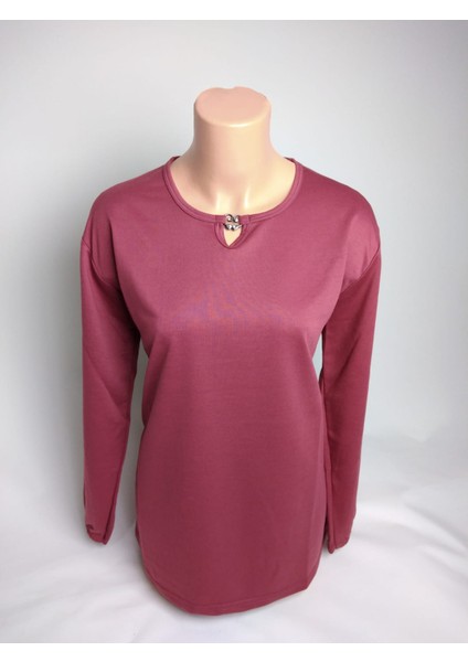 Kadın Gülkurusu Taşlı Bisiklet Yaka Yırtmaçlı Uzun Kollu Bilek Lastikli Iki Iplik Bluz Tişört