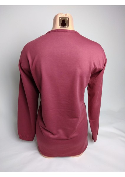 Kadın Gülkurusu Taşlı Bisiklet Yaka Yırtmaçlı Uzun Kollu Bilek Lastikli Iki Iplik Bluz Tişört modelleri