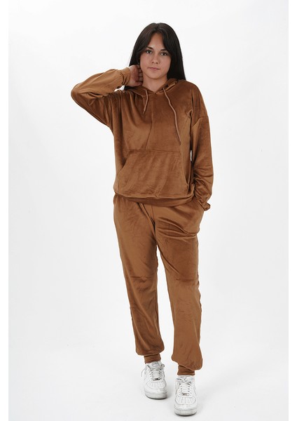 Kız Çocuk Kadife Kumaş Uzun Kol Kapüşonlu Eşofman Takımı