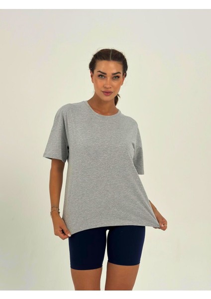 Kadın Koyu Gri Baskısız Basıc Pamuklu Oversize T-Shirt