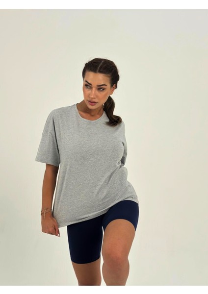 Kadın Koyu Gri Baskısız Basıc Pamuklu Oversize T-Shirt