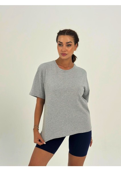 Kadın Koyu Gri Baskısız Basıc Pamuklu Oversize T-Shirt