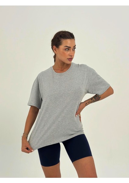 Kadın Koyu Gri Baskısız Basıc Pamuklu Oversize T-Shirt