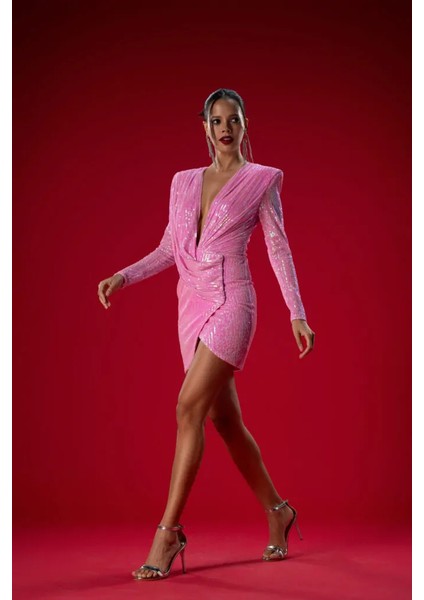 Pembe Payetli Drape Detaylı Mini Elbise