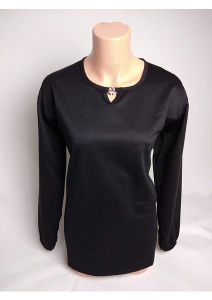 Kadın Siyah Taşlı Bisiklet Yaka Yırtmaçlı Uzun Kollu Bilek Lastikli Iki Iplik Bluz Tişört