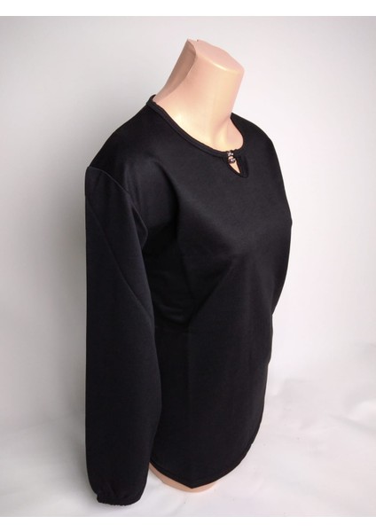 Kadın Siyah Taşlı Bisiklet Yaka Yırtmaçlı Uzun Kollu Bilek Lastikli Iki Iplik Bluz Tişört fiyatları