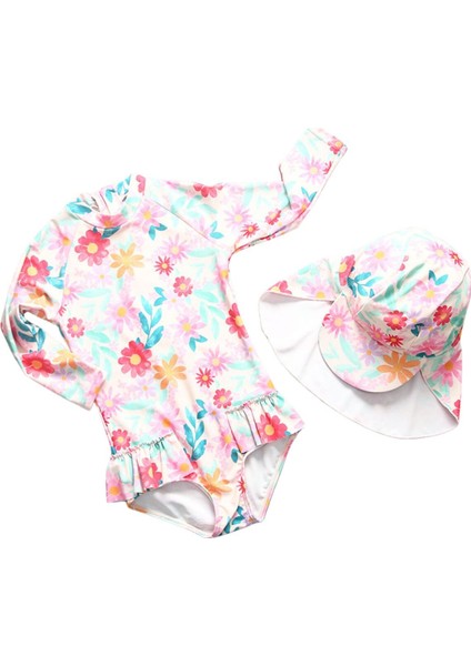 UPF50+ Güneş Korumalı Uzun Kollu Şapkalı Kız Çocuk Çiçekli Pembe Mayo Şapka Set