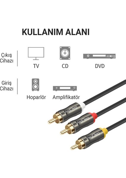 3 Rca To 3 Rca Ses ve Görüntü Kablosu 2 Metre