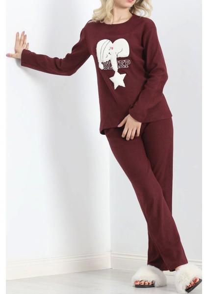 Nakışlı Fitilli Pijama Takımı Bordo - 19217.1048.