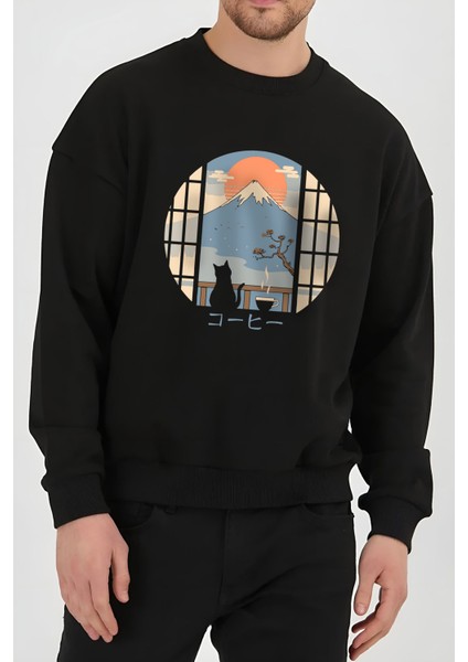 Kedi Dağ Baskılı Siyah Unisex Kadın Erkek Pamuklu Sweatshirt CU205