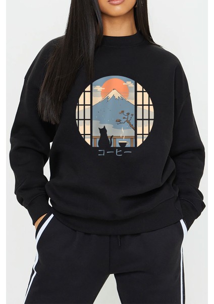 Kedi Dağ Baskılı Siyah Unisex Kadın Erkek Pamuklu Sweatshirt CU205