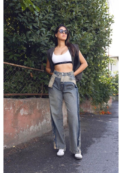 Parça Kumaşlı Wet Leg Denim Pantolon