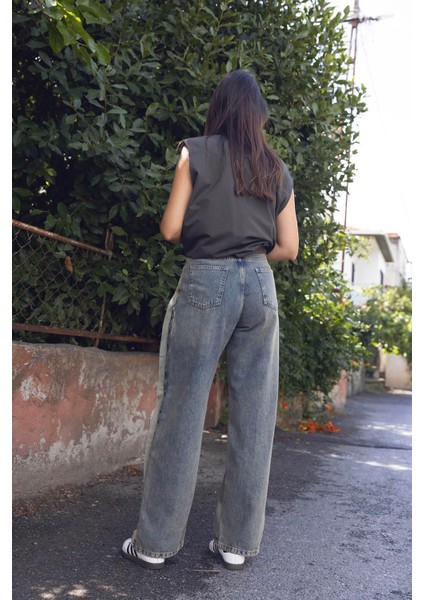 Parça Kumaşlı Wet Leg Denim Pantolon modelleri