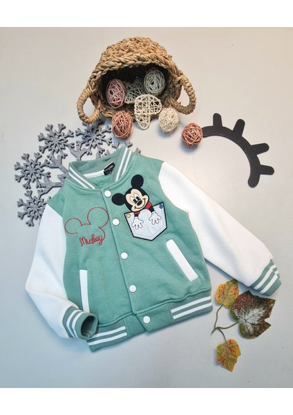 Çocuklar Için Kışlık Kalın Mickey Kolej Ceket Mont