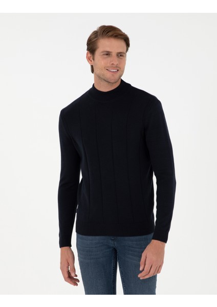 Erkek Lacivert Slim Fit Yarım Balıkçı Yaka Triko Kazak 50300460-VR033