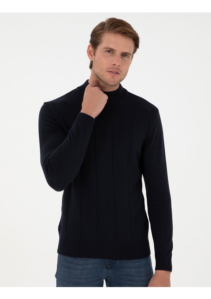 Erkek Lacivert Slim Fit Yarım Balıkçı Yaka Triko Kazak 50300460-VR033 modelleri