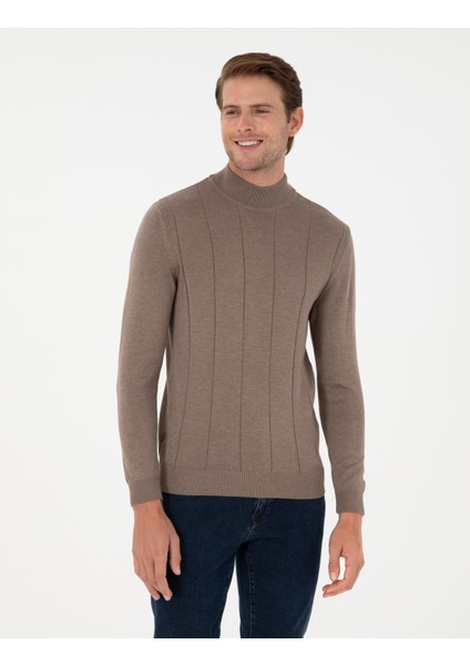 Erkek Vizon Melanj Slim Fit Yarım Balıkçı Yaka Triko Kazak 50300460-VR174