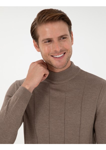 Erkek Vizon Melanj Slim Fit Yarım Balıkçı Yaka Triko Kazak 50300460-VR174 fiyatları