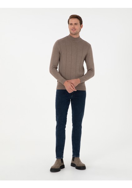 Erkek Vizon Melanj Slim Fit Yarım Balıkçı Yaka Triko Kazak 50300460-VR174 fırsatları