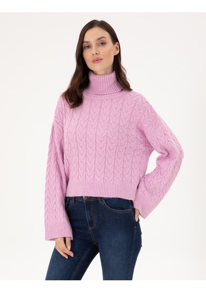 Pierre Cardin Kadın Lila Crop Top Balıkçı Yaka Kazak 50302652-VR034