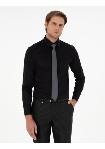 Erkek Siyah Regular Fit Uzun Kollu Basic Gömlek 50286106-VR046