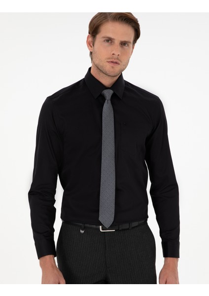 Erkek Siyah Regular Fit Uzun Kollu Basic Gömlek 50286106-VR046