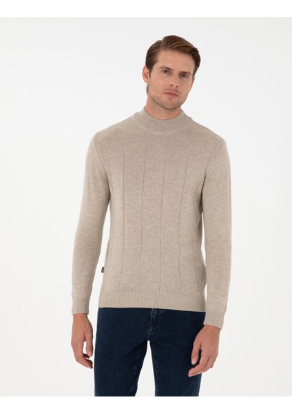 Erkek Kum Melanj Slim Fit Yarım Balıkçı Yaka Triko Kazak 50300460-VR123