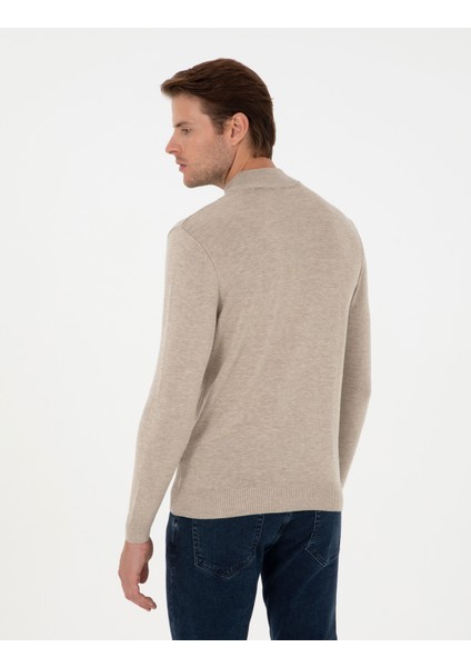 Erkek Kum Melanj Slim Fit Yarım Balıkçı Yaka Triko Kazak 50300460-VR123 indirimleri