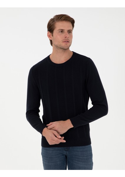 Erkek Lacivert Slim Fit Bisiklet Yaka Triko Kazak 50300531-VR033