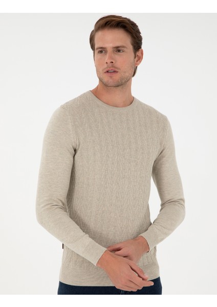 Erkek Kum Melanj Slim Fit Bisiklet Yaka Triko Kazak 50300499-VR123 modelleri