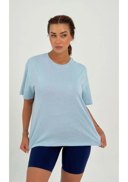 Kadın Bebe Mavisi Baskısız Basıc Pamuklu Oversize T-Shirt