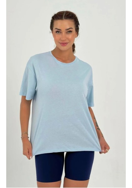 Kadın Bebe Mavisi Baskısız Basıc Pamuklu Oversize T-Shirt fiyatları