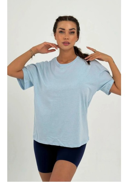 Kadın Bebe Mavisi Baskısız Basıc Pamuklu Oversize T-Shirt modelleri