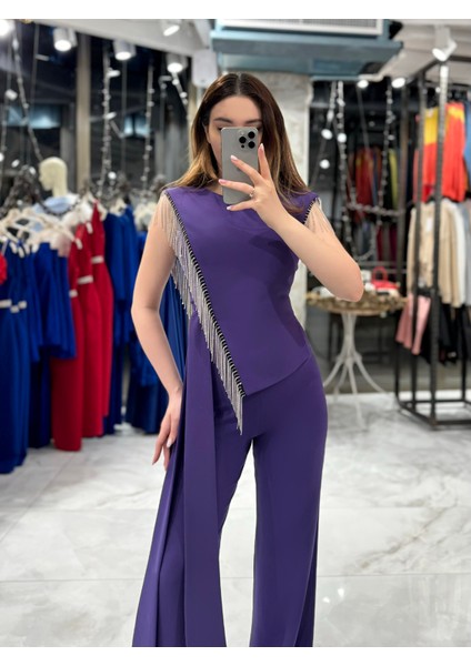 Tereza Yandan Bağlamalı Zincir Taş Detaylı Tulum-Mor