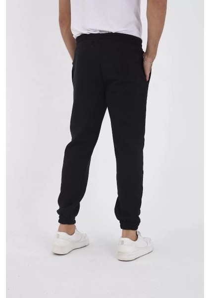 Unisex Kışlık Üç Iplik Lastikli Eşofman Pantolon - Siyah