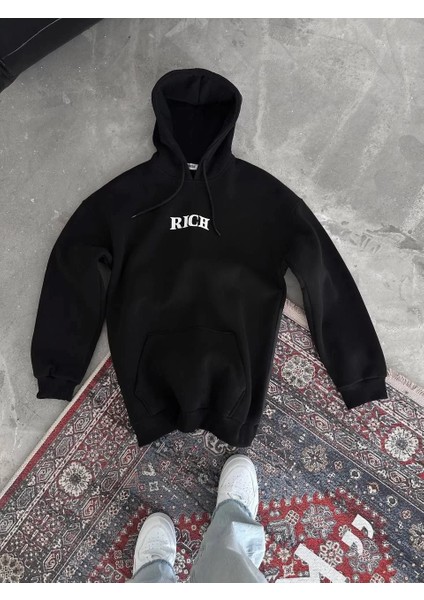 Uzun Kol Kapşonlu Göğüs Baskılı Sweatshirt - Siyah