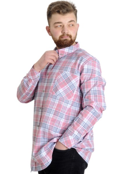 Mode Xl Büyük Beden Erkek Gömlek Ekose Uzun Kollu 23300 Koyu Pembe