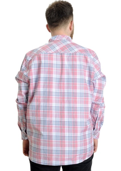 Mode Xl Büyük Beden Erkek Gömlek Ekose Uzun Kollu 23300 Koyu Pembe